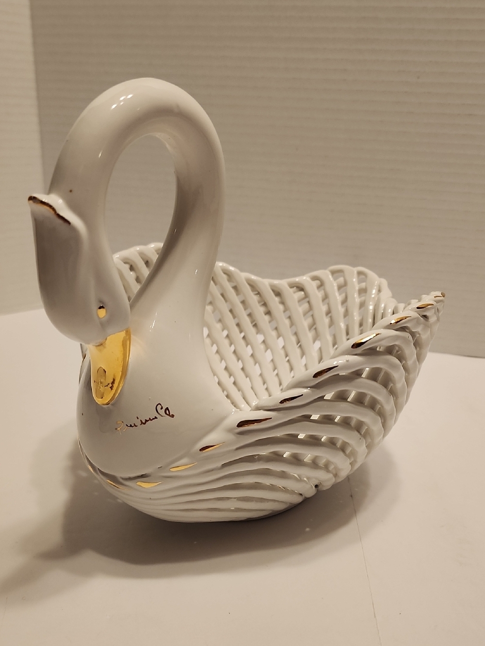 White Porcelain Swan Basket Weave Bowl with Gold Accents - Elegant Home Art